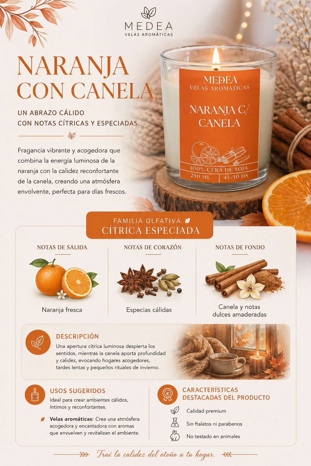 Vela Aromática Naranja con Canela en Pote de Vidrio 265 ml | Medea Velas - Imagen 3
